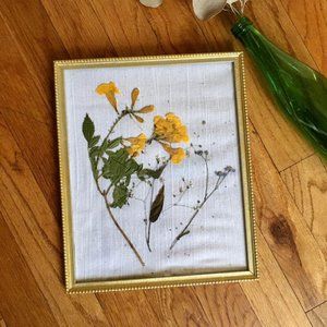 Vintage 70s Pressed Yellow Flowers Gold Wood Frame Cotton Linen Background